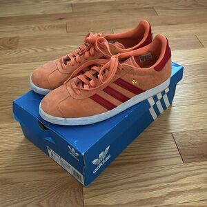 Coral and Red Adidas Gazelles